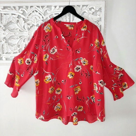 Maurices Red Yellow Floral Popover Bell Sleeve Blouse Size 3X Plus Size - Picture 1 of 8